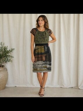 Maggy London Abstract Midi Skirt in Olive, Black and Brown